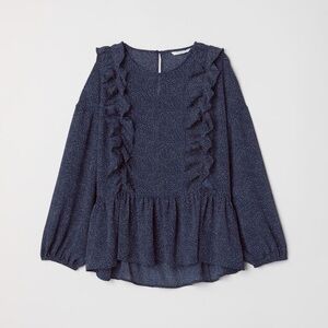 H&M Blue & White Polka Dot Ruffled Long Sleeve Blouse Size 8